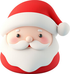 Cheerful cartoon Santa Claus face with a red hat and white beard isolated on transparent background.