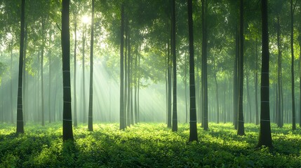 Obraz premium Serene Rubber Plantation in Early Morning Light with Tapping Lines on Trunks