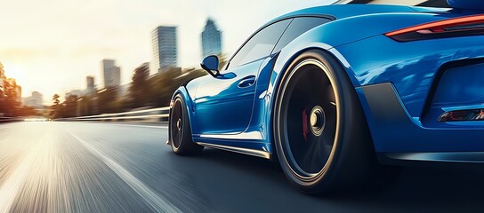 Blue sports car speeding on a highway with blurred city skyline in the background.