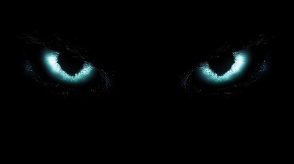 Close-up of eerie glowing eyes peering out from the darkness, ultra-sharp focus, solid black background