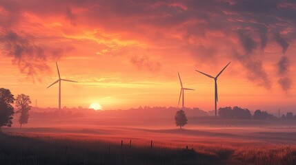 Fototapeta premium A wind farm in a rural setting at sunrise with space for a message in the sky.