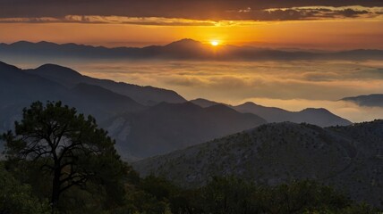 Obraz premium Silhouette Shooting Sunset Over Mountains