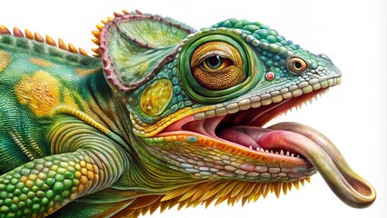 Fototapeta premium A highly skilled artist rendered a strikingly realistic portrait of a chameleon, its scaly body blending with the leafy surroundings, as its long, sticky tongue extends with precision.
