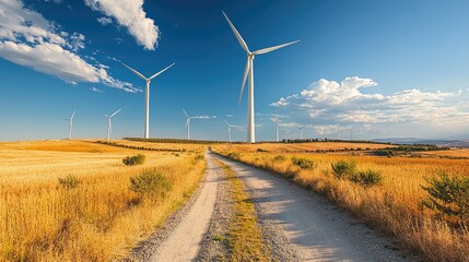 A wind turbine farm in the background of a rural landscape, space for copy in the sky.