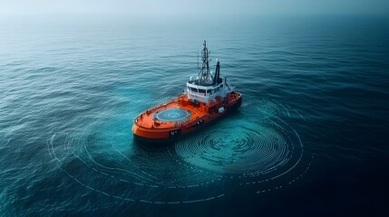 Fototapeta premium Sonar Equipped Research Vessel Mapping the Ocean Floor with Sonar Waves Bouncing Off Seabed