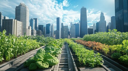 Fototapeta premium An urban garden on a rooftop with skyscrapers in the background and clear copy space in the sky.