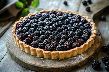 A tart filled with blackberries and an almond crust, served on a rustic wooden board