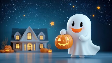 Fototapeta premium Cute Ghost Holding Jack o Lantern on Halloween Night