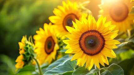 Fototapeta premium Sunflowers have a dark center and bright yellow petals. Their bright color pops against green leaves, making you feel happy and cozy.
