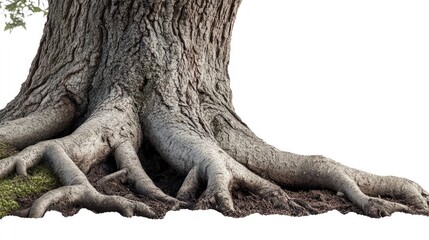 Fototapeta premium A close-up of an oak tree roots, visible and gnarled, isolated on a white background.