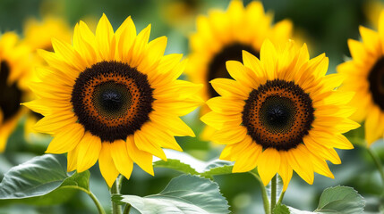 Fototapeta premium Sunflowers have a dark center and bright yellow petals. Their bright color pops against green leaves, making you feel happy and cozy.