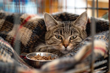A stray homeless cat curled up in an animal shelter cage, with a blanket. Stray homeless cat in animal shelter, abandoned hungry cat. World Cat Day, International Cat Day