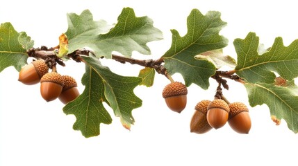 Obraz premium A detailed close-up of oak leaves and acorns on a branch, isolated on a bright white background.