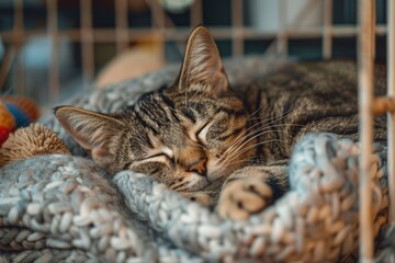 Stray homeless cat resting in an animal shelter cage. Stray homeless cat in animal shelter, abandoned hungry cat. World Cat Day, International Cat Day