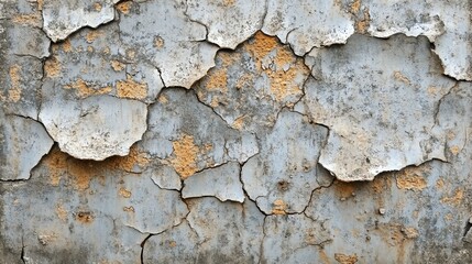 Naklejka premium Close-up of a textured wall with peeling paint, revealing layers of weathered surface and intricate patterns.
