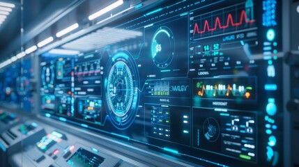Fototapeta premium Futuristic healthcare control panel featuring virtual buttons and AI systems for managing patient data and healthcare workflows