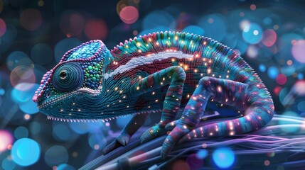 A colorful chameleon with circuit board skin blending seamlessly into a vibrant tech environment