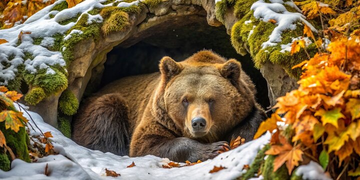 A large brown bear rests peacefully in a cave, snuggled up among a blanket of snow-covered leaves, its slow breathing a soothing serenade.