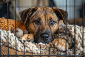 Abandoned pets. Stray homeless dog resting its head on its paws in an animal shelter cage. Stray homeless dog in animal shelter cage, abandoned hungry dog. streets shelter concept...