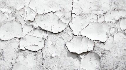 Naklejka premium Close-up of an aged, cracked white wall surface showcasing peeling paint with unique textures and patterns.