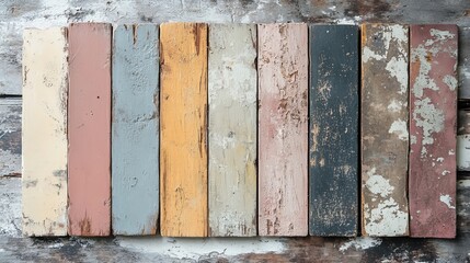 Rustic wood swatches with aged, crackled paint in soft, muted tones, set against a rough plaster wall