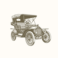 Hand-Drawn Antique Car, Retro Vehicle Sketch Illustration