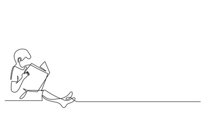 continuous line of child reading a book in a relaxed manner.one line drawing of out-of-school activities reading a story book.vector illustration.isolated white background
