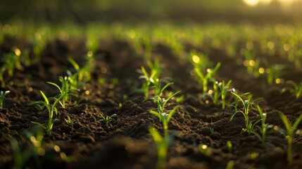 Fresh green seedlings growing in soil under the sunlight, symbolizing new beginnings and agricultural growth.