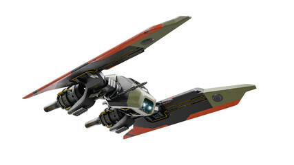 Concept assault fighter, gunship, scratched gray-green metal, orange paint, turbines, guns. Single-pilot spaceship flying. Fictional military vehicle for space wars. 3d render isolated white backdrop.