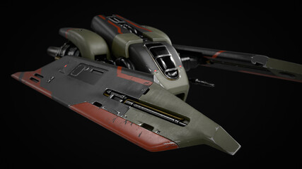 Concept assault fighter, gunship, scratched gray-green metal, orange paint, turbines, guns. Single-pilot spaceship landing pad. Science fiction military vehicle for space wars. 3d render dark backdrop