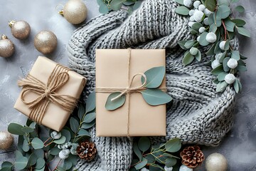 Fototapeta premium Creative Gift Boxes and Holiday Decorations in Modern Copy Space