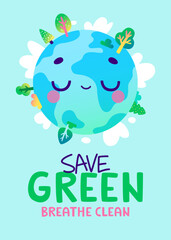 Eco poster with cartoon earth globe. Vector cute environmental banner for kids about clean air.