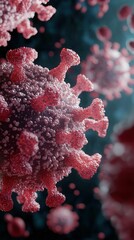 Close-up view of a coronavirus, showcasing its intricate structures and spikes, illustrating its biological complexity and impact.