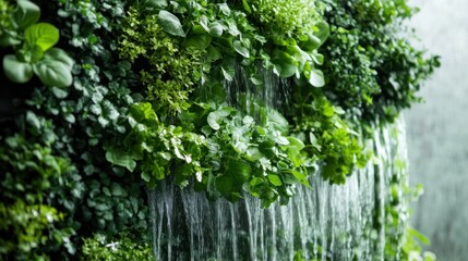 Water cascading over a lush green wall of leaves