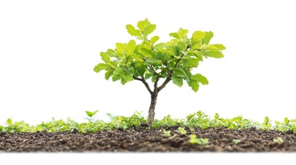 Fototapeta premium A young oak tree sprouting new leaves, isolated on a white background with fresh greenery. -