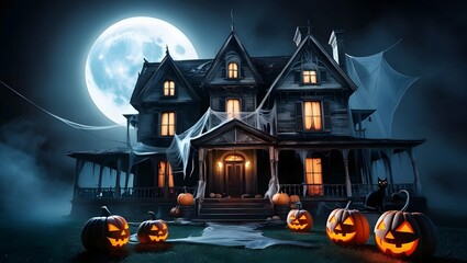 Spooky Haunted House with Jack-O'-Lanterns at Night