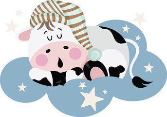 Cute cow sleeping on blue cloud