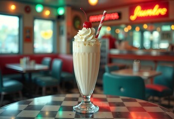 Classic Milkshake on Checkered Table in Vintage Diner