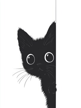 recommend clip art: Illustration of a black cat peeking from behind a white wall.