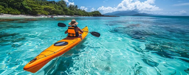 A serene kayaking adventure through crystal clear waters surrounded by lush greenery and majestic mountains under a bright sky.