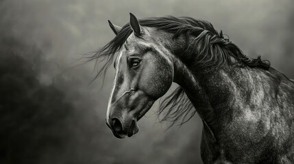 Obraz premium Close-up of a Black Horse's Head Against a Cloudy Sky