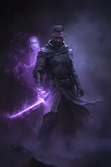 Naklejka premium A strong looking mage in his thirties with a short beard, wielding a short sword glowing with dark purple energy