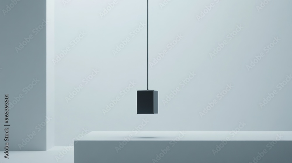 Poster Black Rectangular Object Hanging Over White Platform in Minimalist Setting