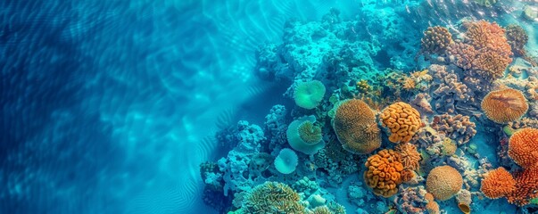 Naklejka premium Vibrant coral reef beneath clear waters, showcasing a variety of colorful corals and marine life in a serene underwater landscape.