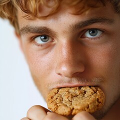 Caucasian Man Enjoying a Cookie on a White Background Generative AI