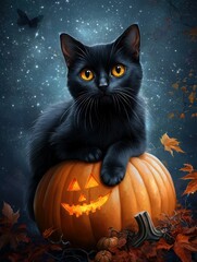 Black Cat Sitting on Jack o  Lantern with Autumn Leaves and Stars