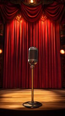 Vintage Microphone on Stage with Red Curtains