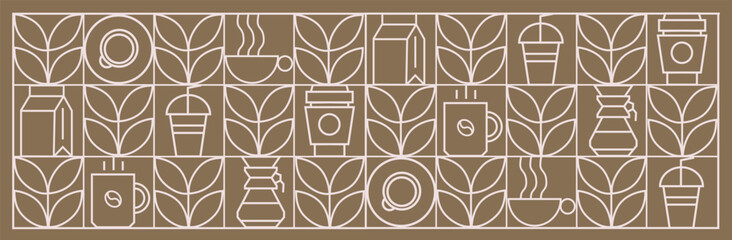 Coffee modern geometric pattern in mosaic line tiles, vector background. Coffee cup and moka pot with cappuccino and espresso, coffee beans and hot chocolate in geometric pattern 
