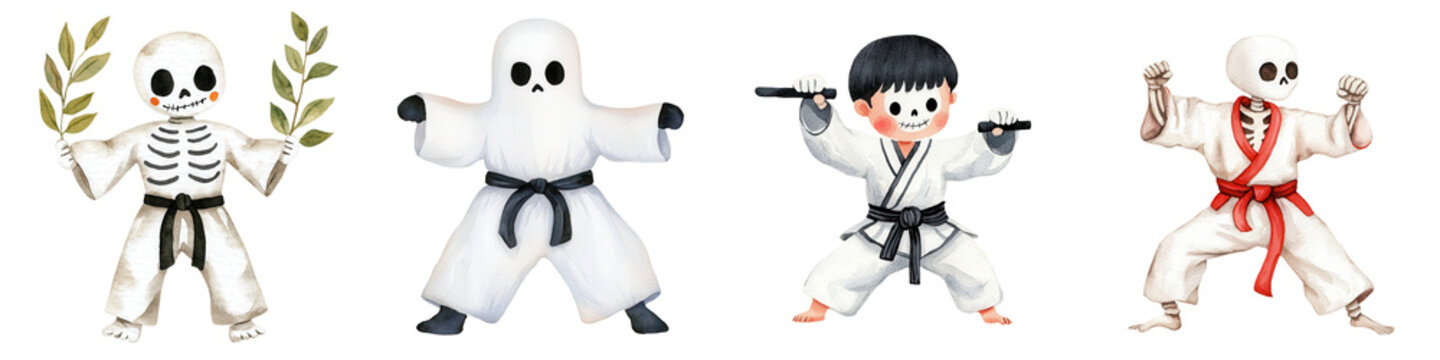 A collection of cute skeleton characters dressed in karate uniforms, showcasing playful martial arts poses.