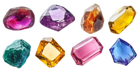 Naklejka premium Colorful Various Shiny Gems of Different Cuts and Colors on Transparent Background